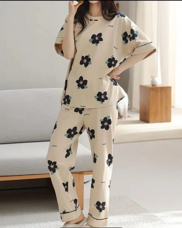 Brown BIG Black all over flowers Print Half Sleeves The Ultimate Dream Wear Sleep Suit (OM-131)