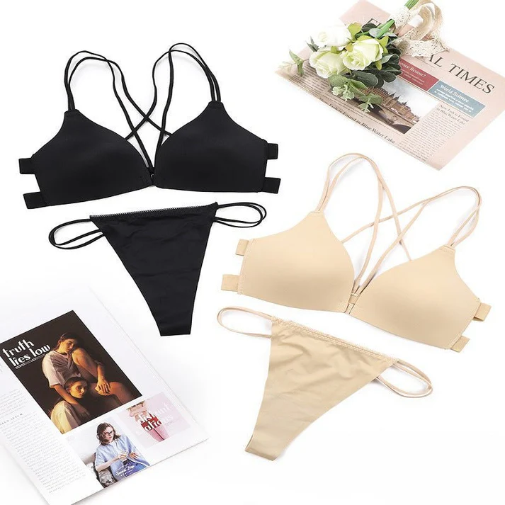 Front buckle, no steel ring yoga push up anti-lower plate sxy bra set - 3