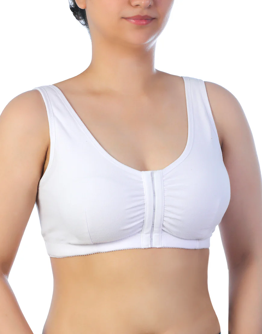 COTTON FRONT OPEN SLIP ON POST SURGICAL BRA WITH POCKETS-WHITE