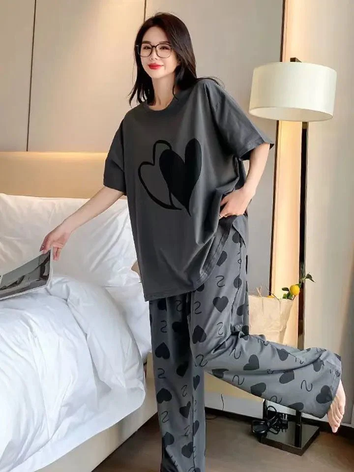 Grey Double Heart Full Sleeve Printed Night Suits