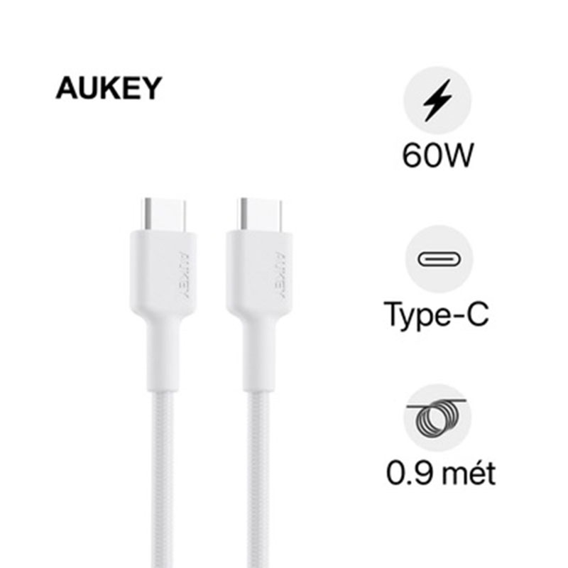 Aukey Impluse Braided CC Nylon Braided USB C To C Cable, 0.9m - White - (CB-CD45) - 2
