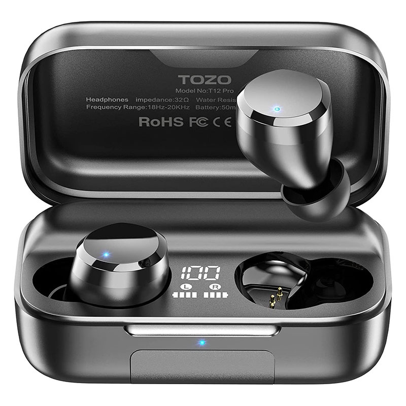 TOZO T12 Pro Wireless Bluetooth Earbud Qualcomm QCC3040 4 Mics CVC 8 Call Noise Cancelling, aptX Stereo,2500mAh Wireless Charging Case IPX8 Waterproof - Black