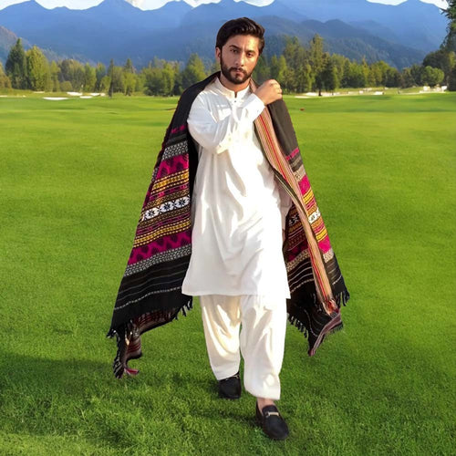 Colorful Mehrabi Tharri Shawl For Men - Magenta - 3