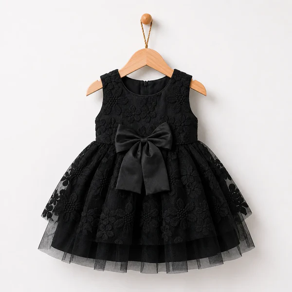 Baby Girl black embroidered net frock with a satin bow Fancy Frock