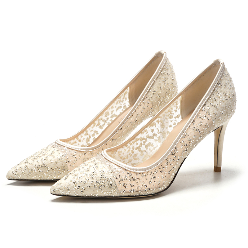 Close Toe Heels Mesh With Sequins Wedding Shoes - 2