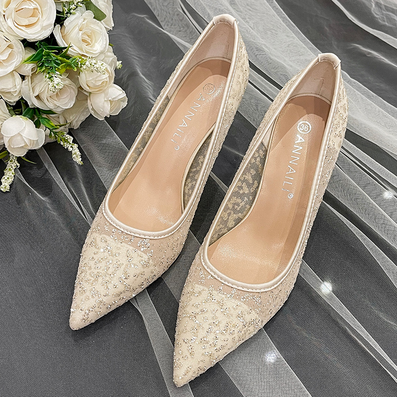 Close Toe Heels Mesh With Sequins Wedding Shoes