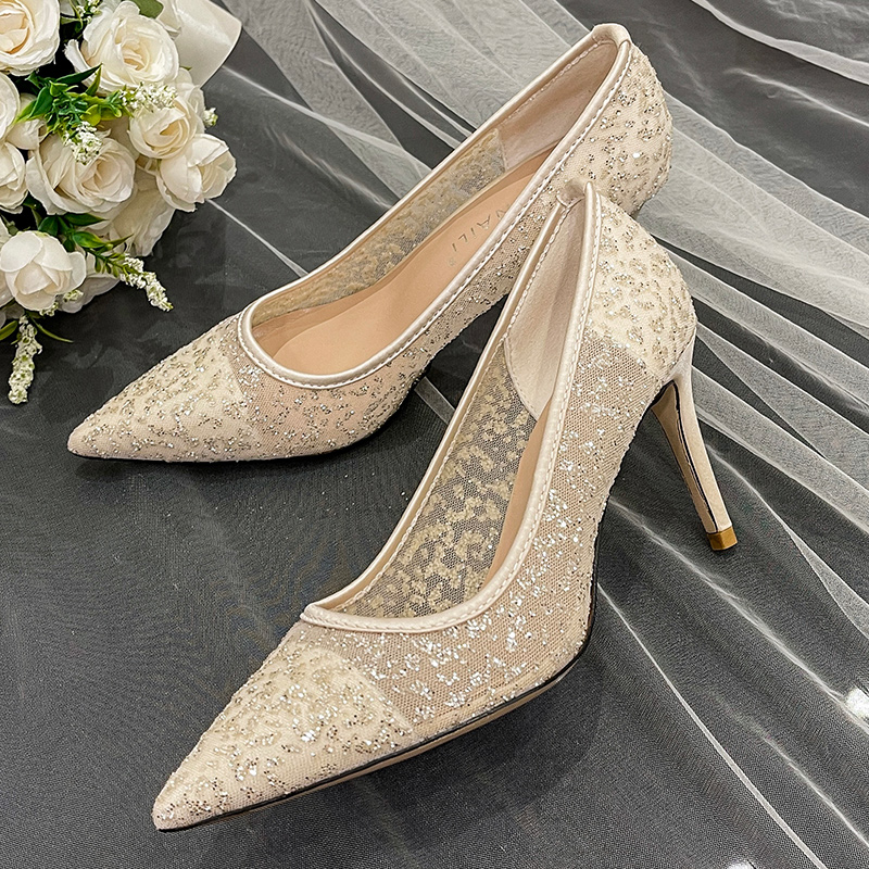 Close Toe Heels Mesh With Sequins Wedding Shoes - 3