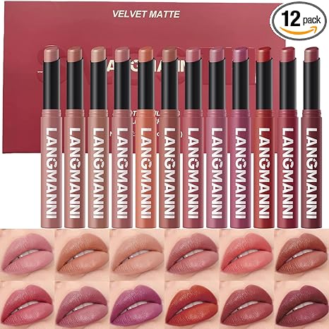 12Pcs Velvet Matte Lipstick Set, Nude to Dark Shades, Long-Lasting,Color A | Highly pigmented matte color, smooth creamy glide, waterproof wear, nude-to-dark tones, ideal for daily makeup or gifting